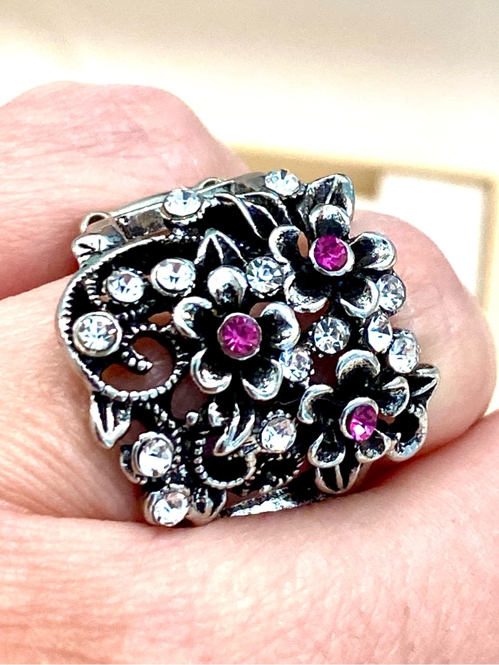 Paparazzi Perfectly Perennial Pink Rhinestone Flower Silver Stretch Band Ring